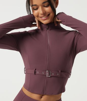 Halara UltraSculpt™ veste de yoga pour silhouettes courbes, col montant, manches longues et ceinture à boucle