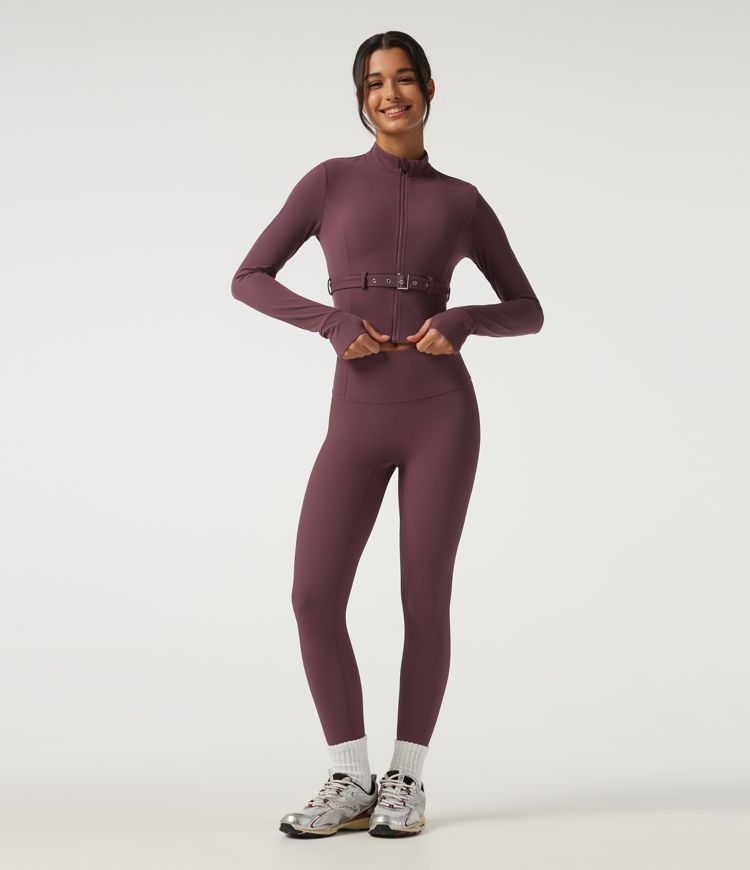 Halara UltraSculpt™ veste de yoga pour silhouettes courbes, col montant, manches longues et ceinture à boucle