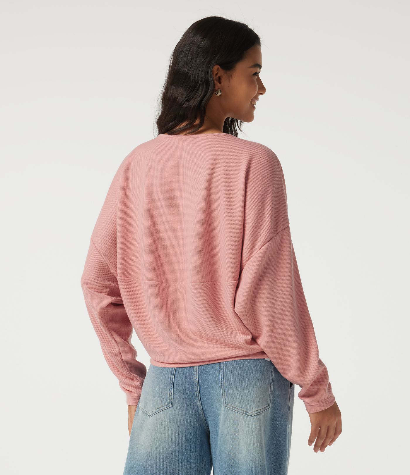 Boat Neck Long Sleeve Waffle Casual Top