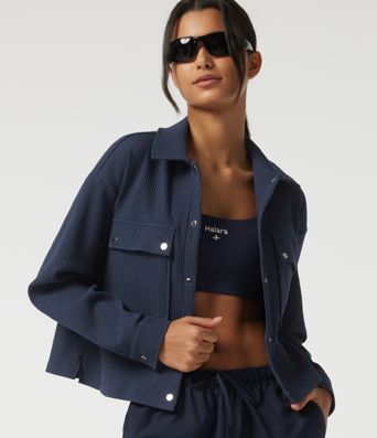 Veste décontractée gaufrée à col à revers, épaules tombantes, manches longues, avec poches