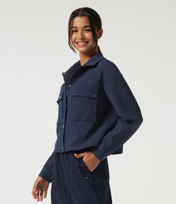Veste décontractée gaufrée à col à revers, épaules tombantes, manches longues, avec poches