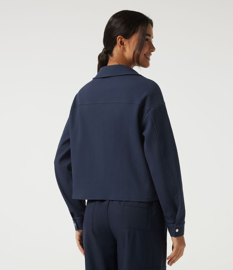 Veste décontractée gaufrée à col à revers, épaules tombantes, manches longues, avec poches