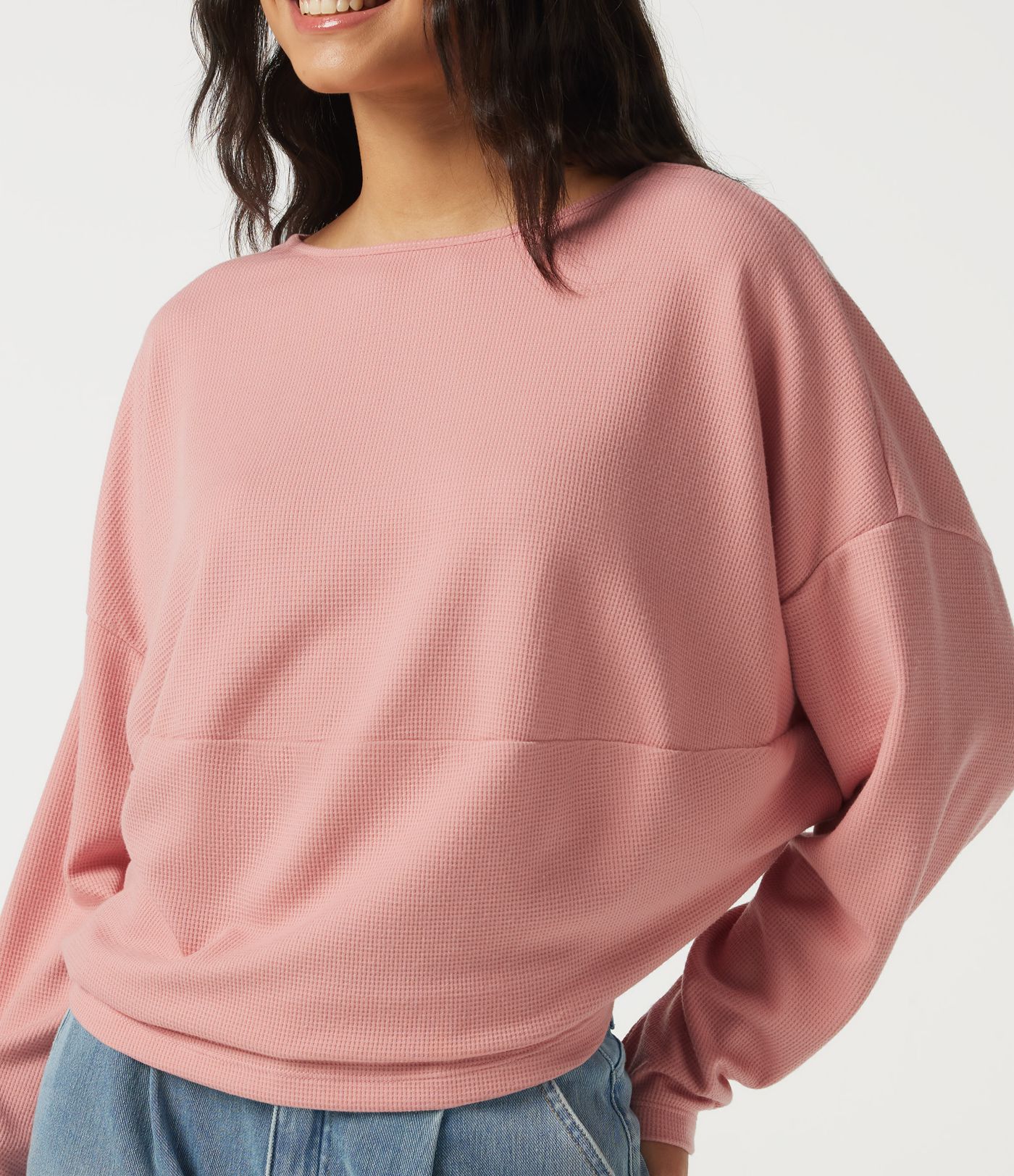 Boat Neck Long Sleeve Waffle Casual Top
