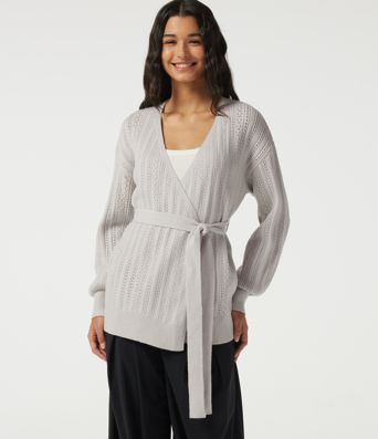 V Neck Long Sleeve Belted Casual Cardigan