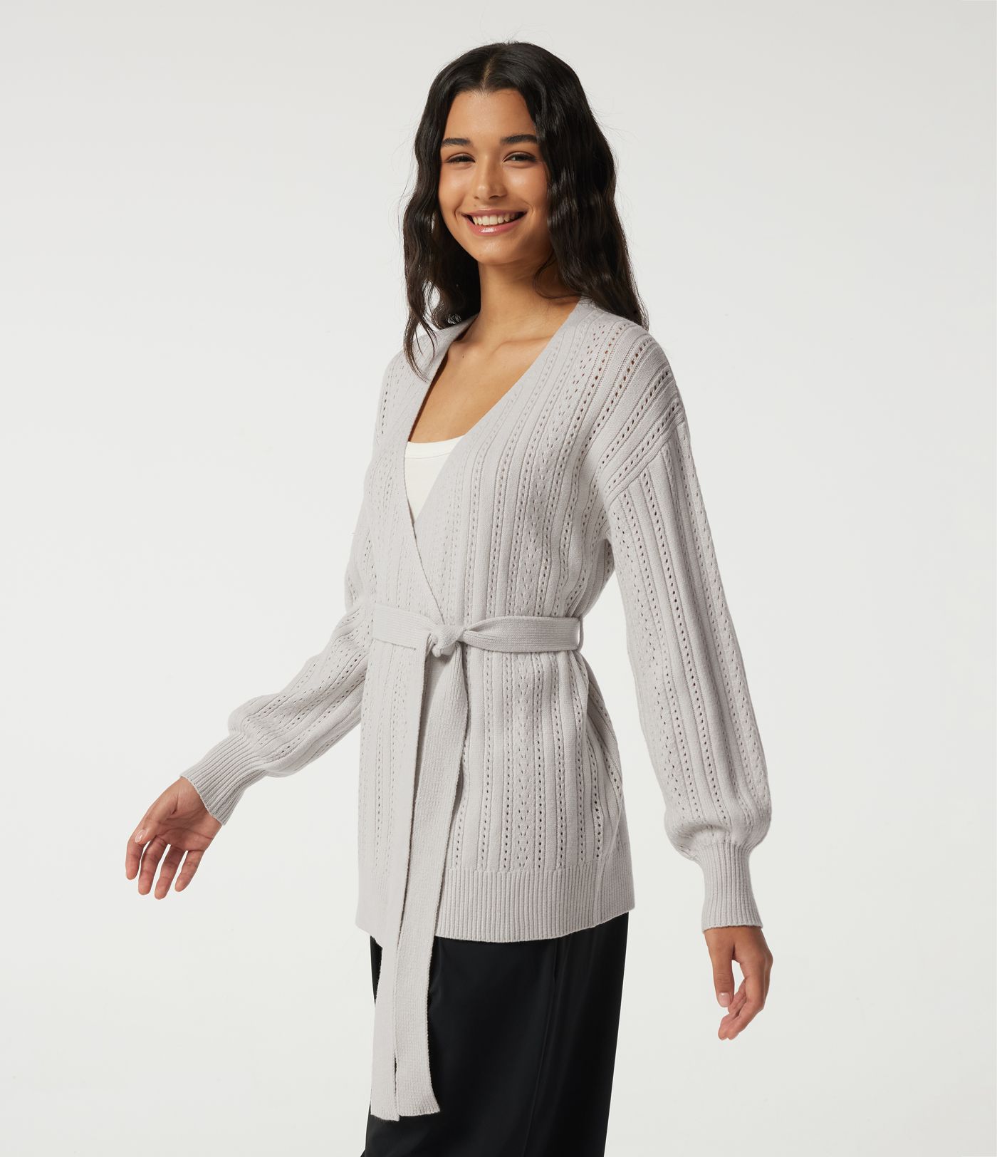 V Neck Long Sleeve Belted Casual Cardigan