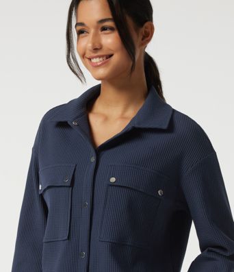 Veste décontractée gaufrée à col à revers, épaules tombantes, manches longues, avec poches