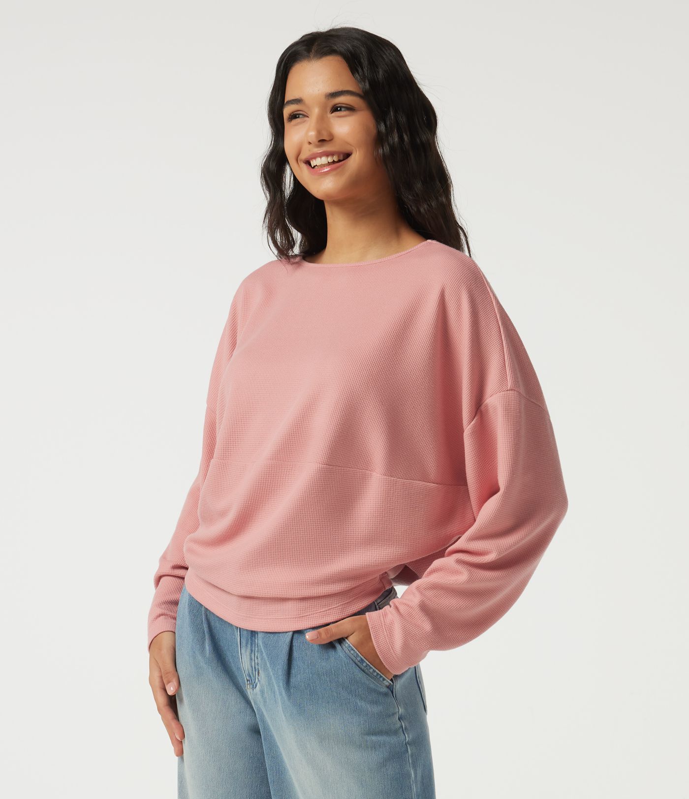 Boat Neck Long Sleeve Waffle Casual Top