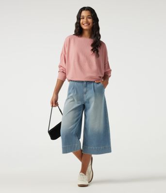 Boat Neck Long Sleeve Waffle Casual Top