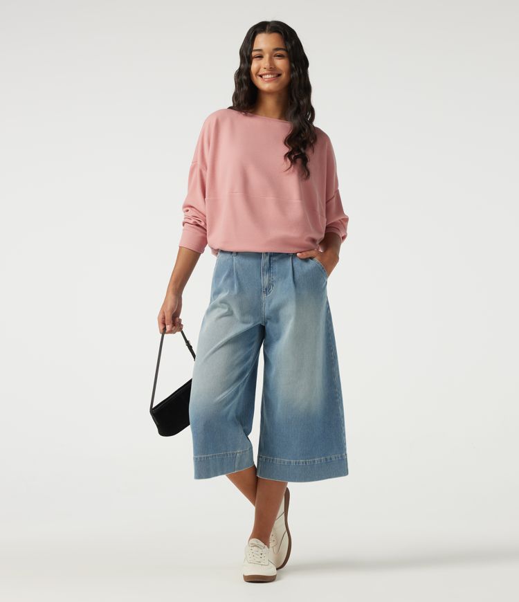 Boat Neck Long Sleeve Waffle Casual Top