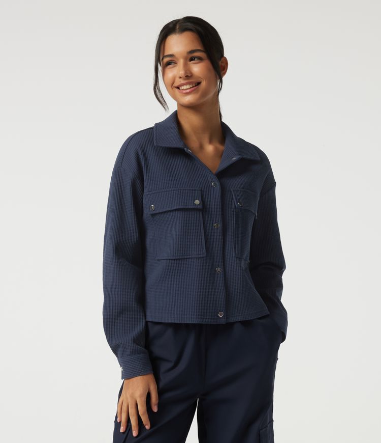Veste décontractée gaufrée à col à revers, épaules tombantes, manches longues, avec poches