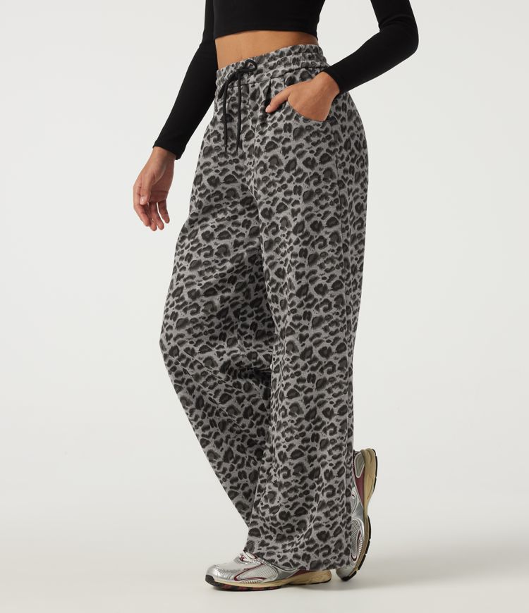 Pantalon décontracté taille haute à cordon, coupe large, imprimé léopard, avec poches Pantalon décontracté taille haute à cordon, coupe large, imprimé léopard, avec poches