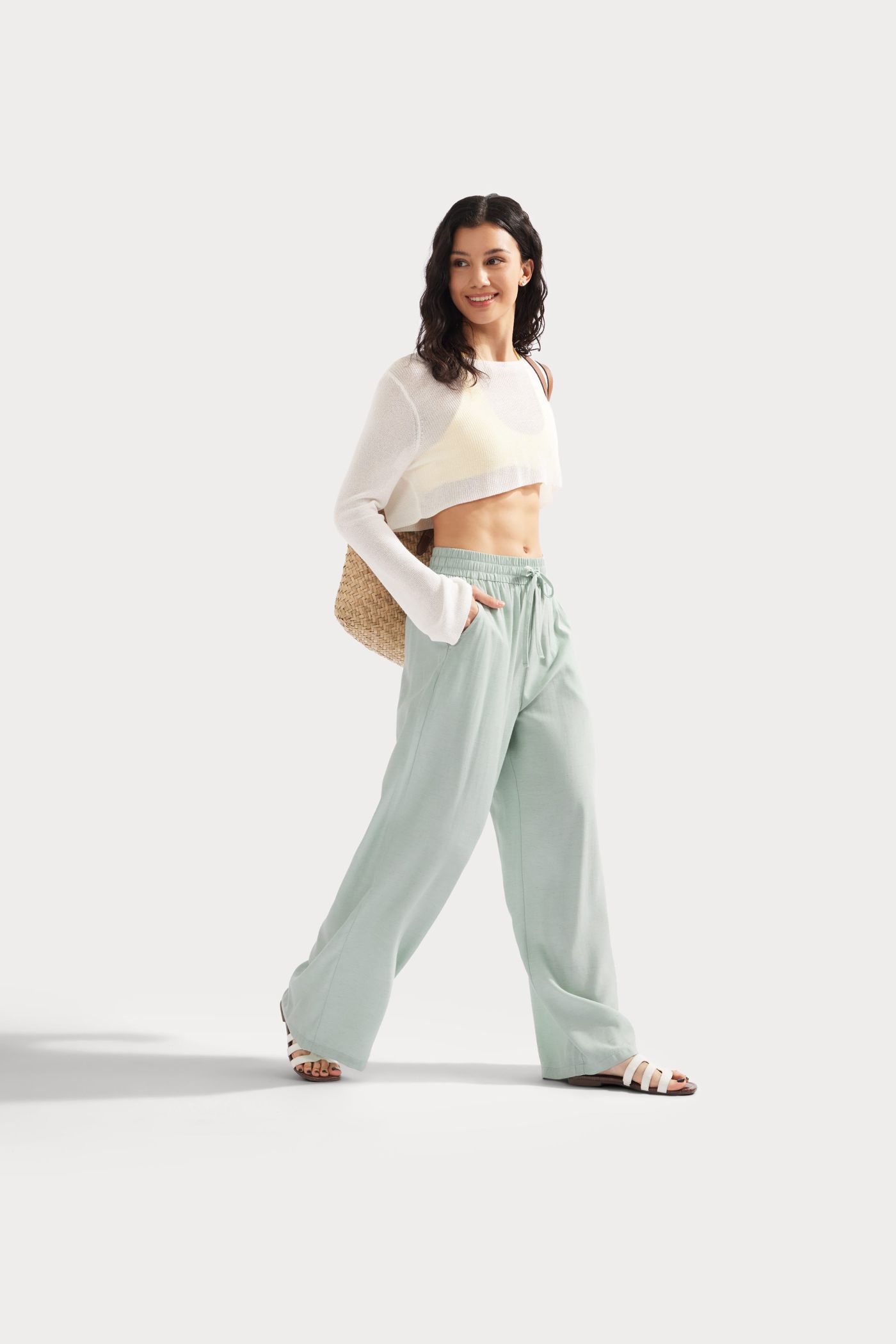 Lässige Leinen-Hose mit hohem Bund, Kordelzug, weitem Bein und Taschen Lässige Leinen-Hose mit hohem Bund, Kordelzug, weitem Bein und Taschen