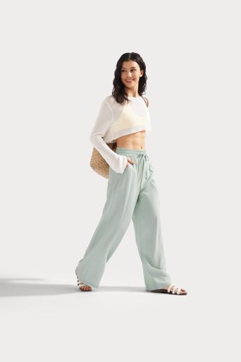 Lässige Leinen-Hose mit hohem Bund, Kordelzug, weitem Bein und Taschen Lässige Leinen-Hose mit hohem Bund, Kordelzug, weitem Bein und Taschen
