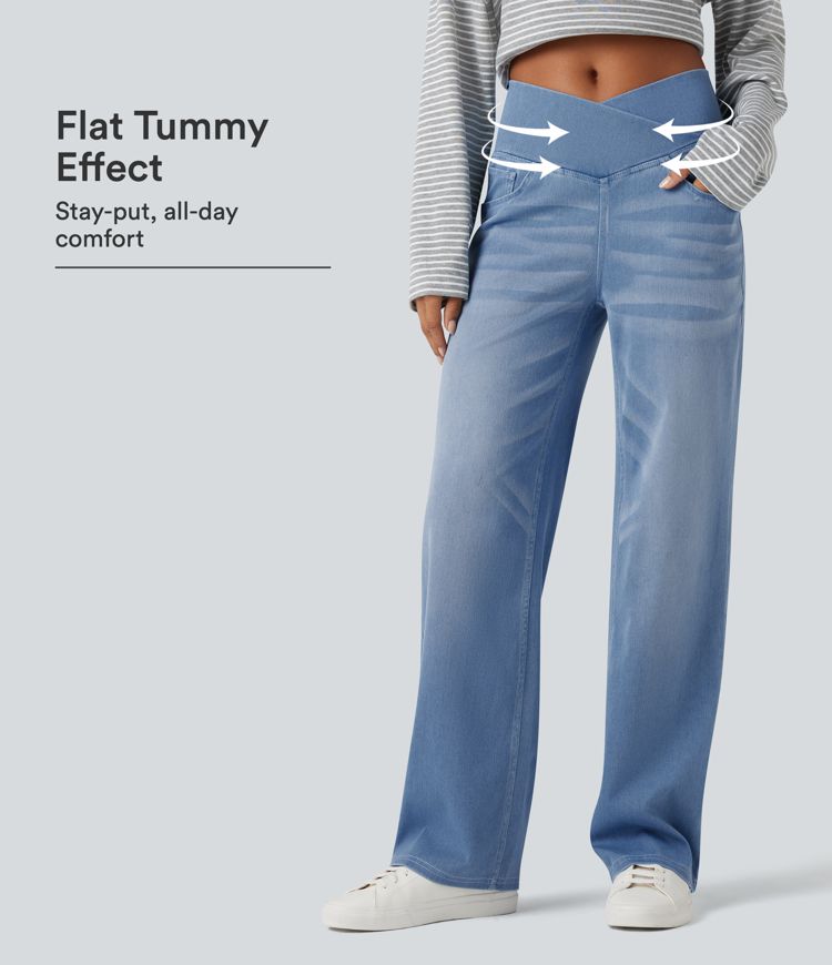 Halara Flex™ Crossover High Waisted Lightweight Tummy Control Casual Straight Leg Jeans with Pockets Halara Flex™ Crossover High Waisted Lightweight Tummy Control Casual Straight Leg Jeans with Pockets