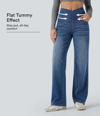 Halara Flex™ Crossover High Waisted Lightweight Tummy Control Casual Straight Leg Jeans with Pockets