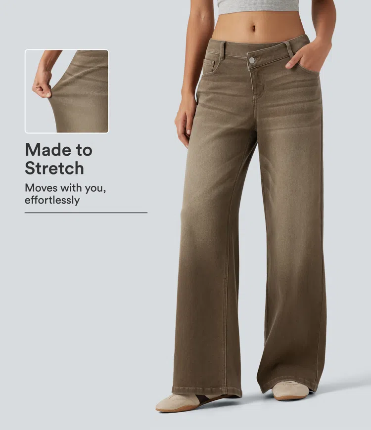 Rich Earth Brown Jean décontracté taille basse, à jambe large asymétrique, coloré, avec poches / 1