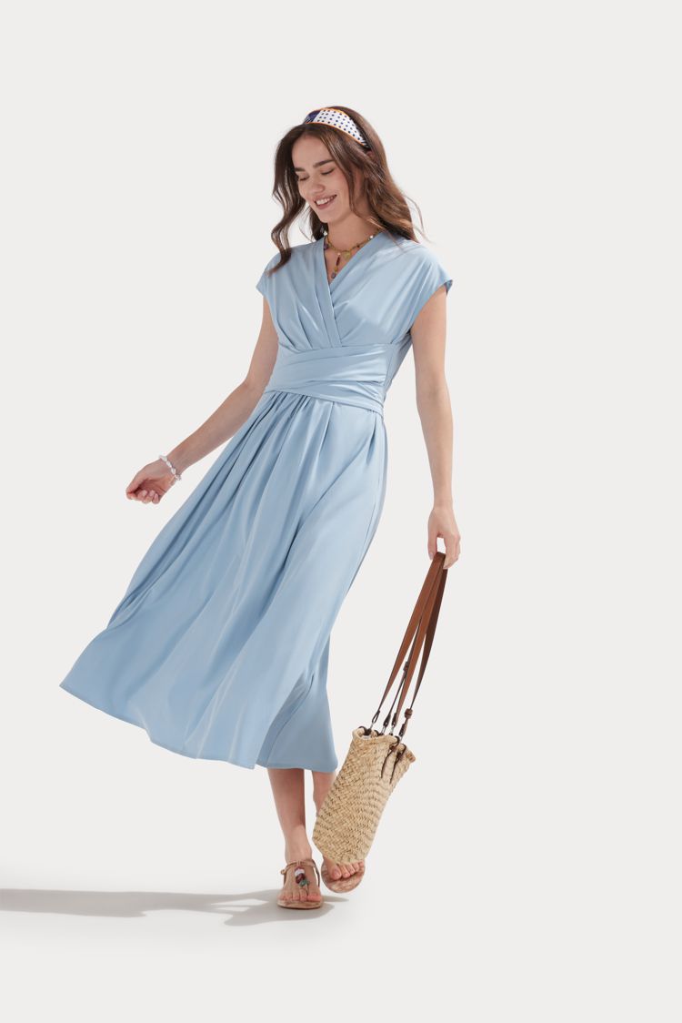 Breezeful™ Kurzärmliges Midi-Freizeitkleid mit V-Ausschnitt, Seitentaschen und Bindeband hinten - schnelltrocknend Breezeful™ Kurzärmliges Midi-Freizeitkleid mit V-Ausschnitt, Seitentaschen und Bindeband hinten - schnelltrocknend