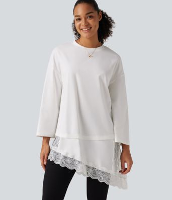 Round Neck Flounce 9/10 Sleeve Asymmetric Contrast Lace Casual Cotton T-Shirt