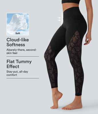 SoftlyZero™ legginsy do jogi 7/8 z wysokim stanem, przekładaną kieszenią i kontrastową koronką