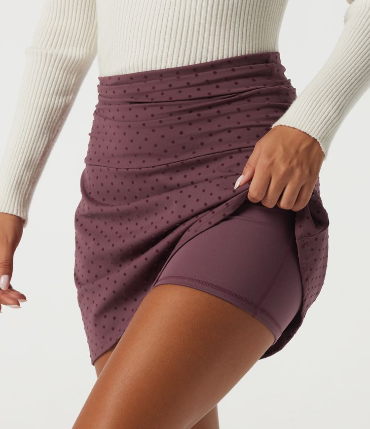 High Waisted 2-in-1 Ruched A-Line Polka Dot Velvet Casual Mini Skirt