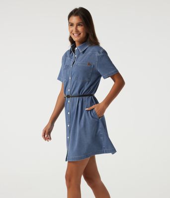 Halara Flex™ - Lässiges Minikleid aus Denim mit Brusttaschen und kurzen Ärmeln Halara Flex™ - Lässiges Minikleid aus Denim mit Brusttaschen und kurzen Ärmeln