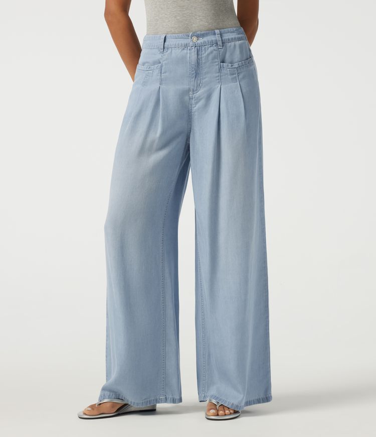 Baltic Sea Blue Denim High Waisted Wide Leg Lightweight Summer Casual Jeans with Pockets / 1