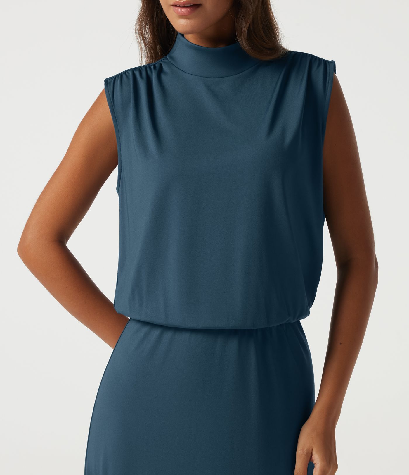 Mock Neck Sleeveless Ruched Casual Maxi Dress Mock Neck Sleeveless Ruched Casual Maxi Dress