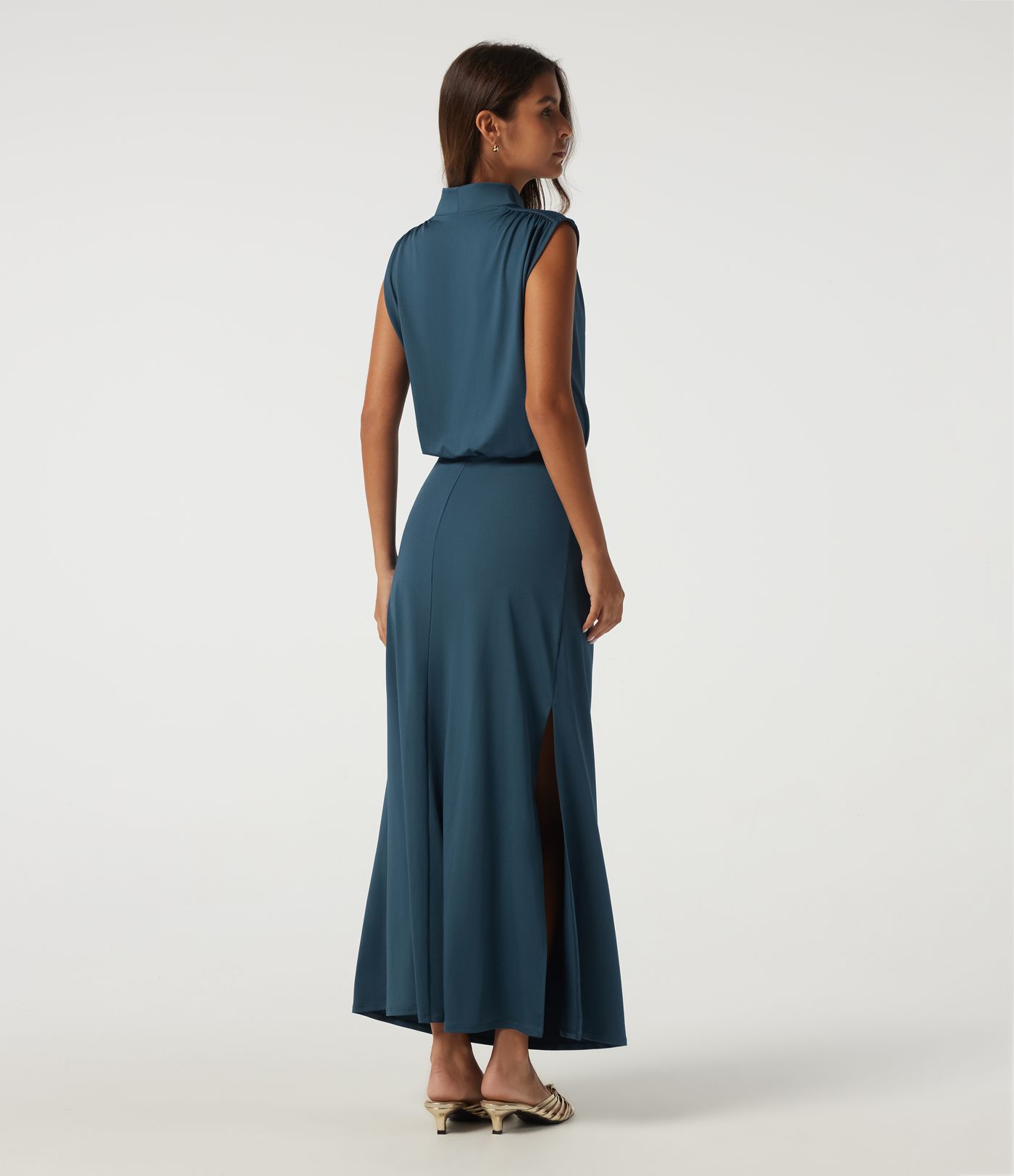 Mock Neck Sleeveless Ruched Casual Maxi Dress Mock Neck Sleeveless Ruched Casual Maxi Dress