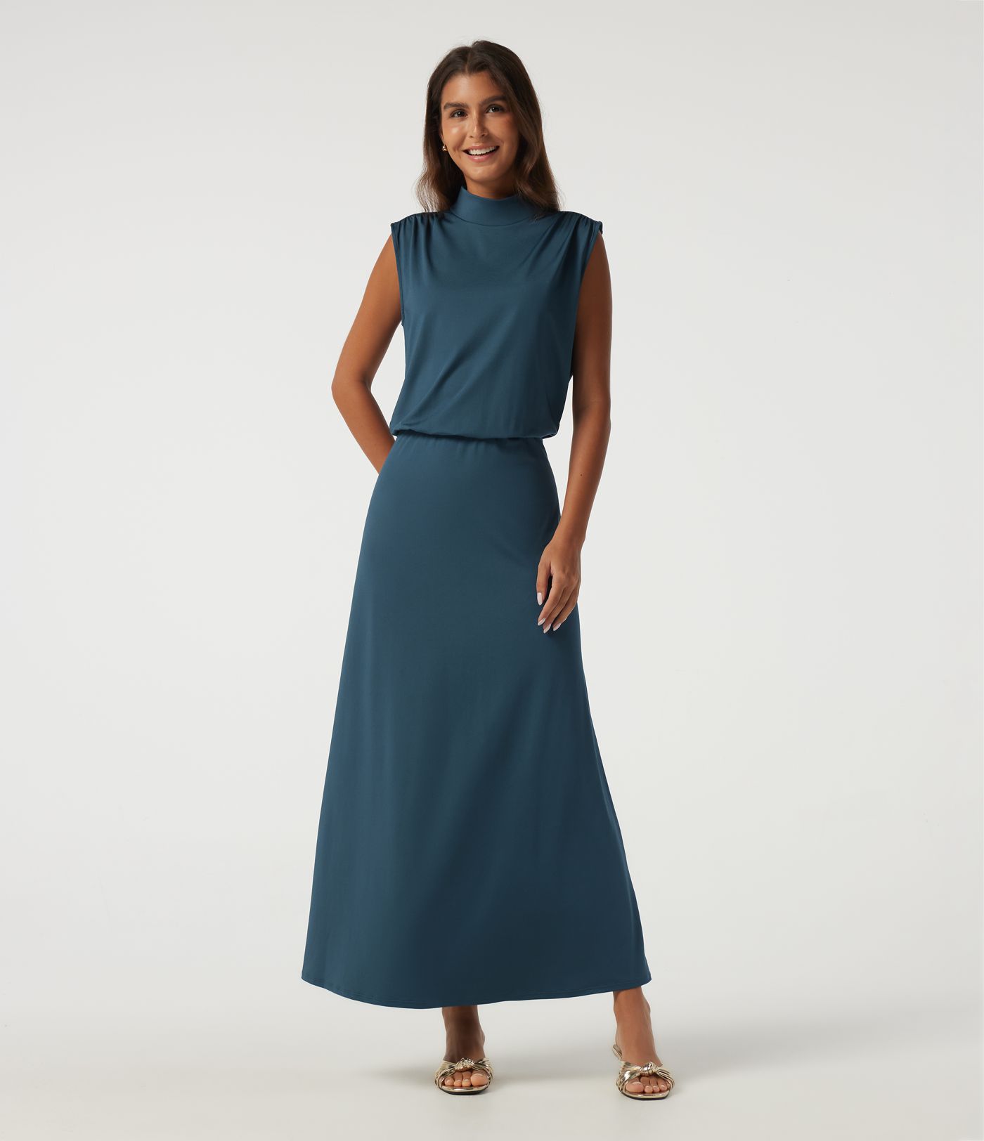 Mock Neck Sleeveless Ruched Casual Maxi Dress Mock Neck Sleeveless Ruched Casual Maxi Dress