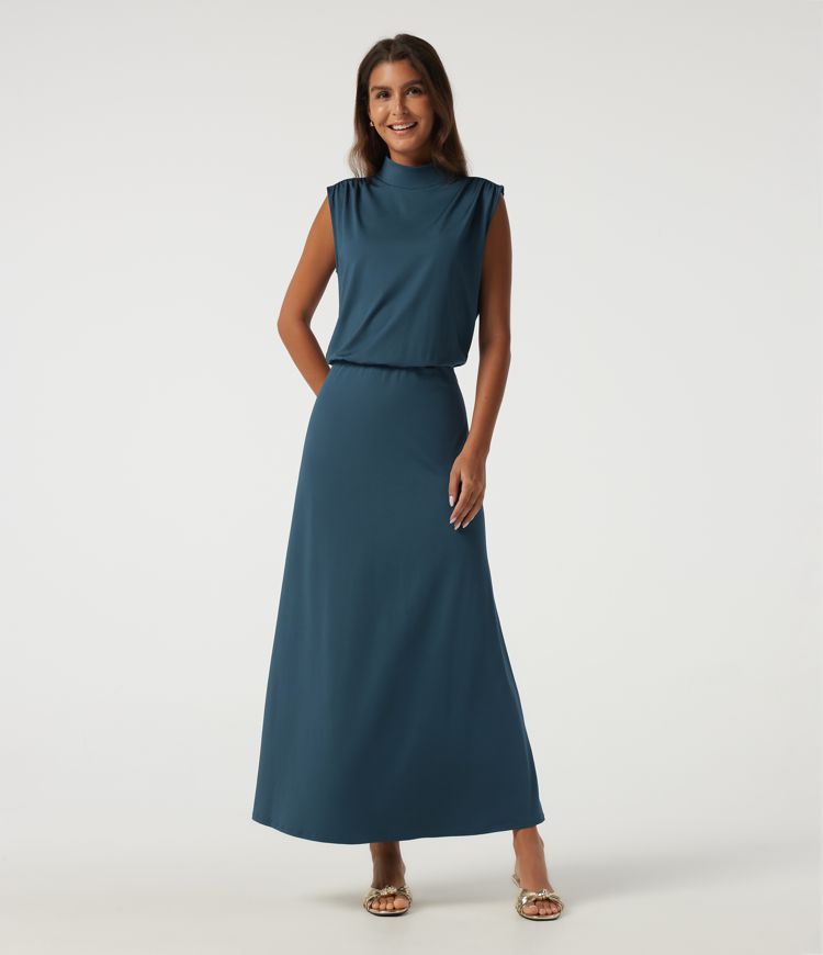 Mock Neck Sleeveless Ruched Casual Maxi Dress Mock Neck Sleeveless Ruched Casual Maxi Dress