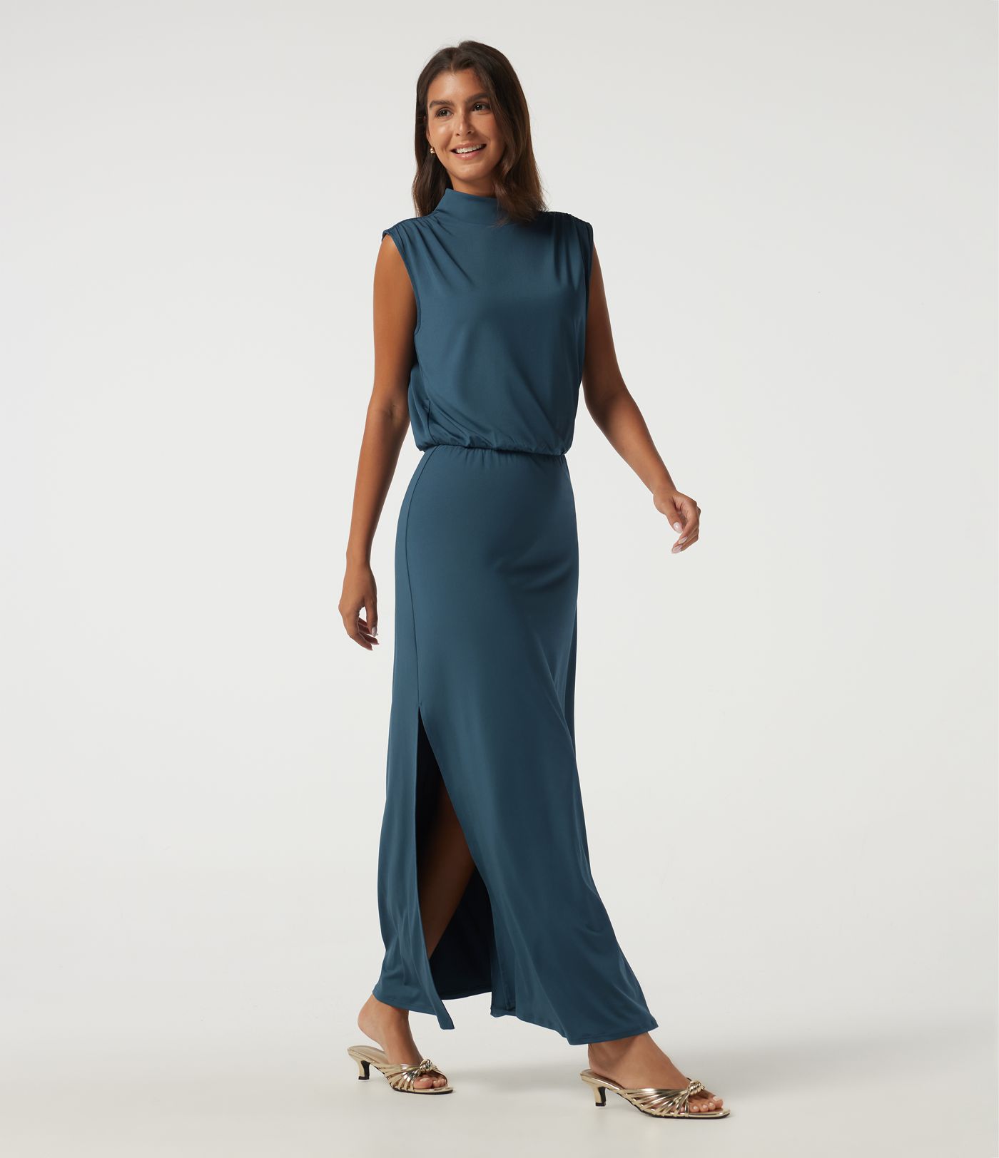 Mock Neck Sleeveless Ruched Casual Maxi Dress Mock Neck Sleeveless Ruched Casual Maxi Dress