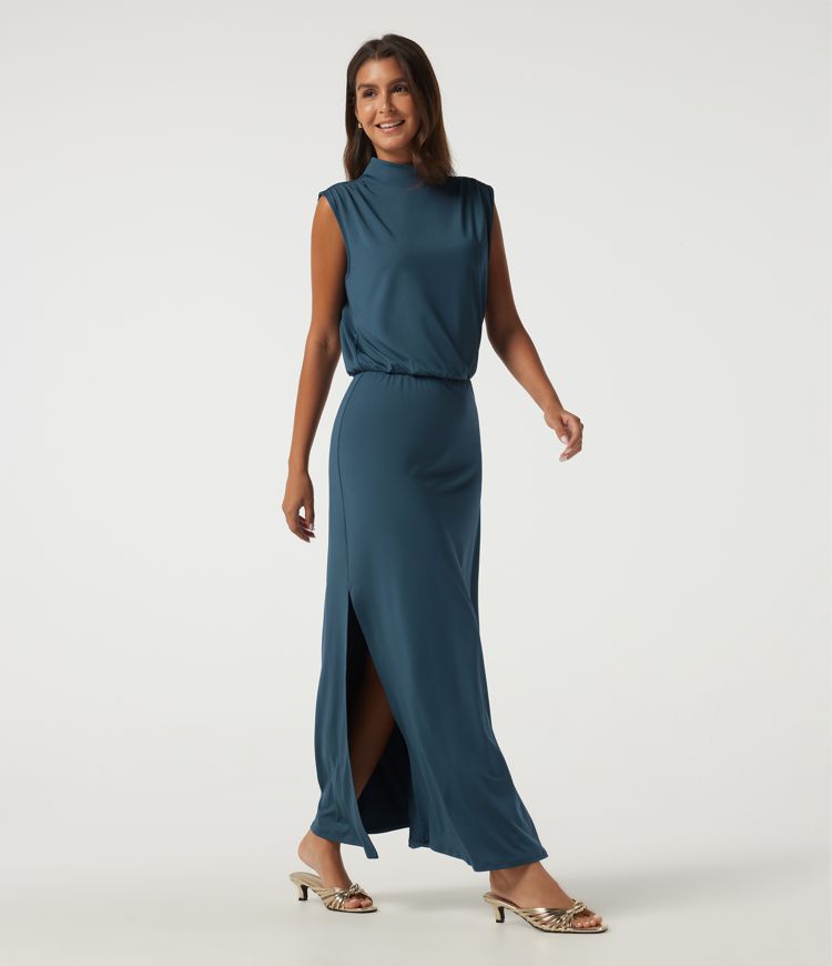 Mock Neck Sleeveless Ruched Casual Maxi Dress Mock Neck Sleeveless Ruched Casual Maxi Dress