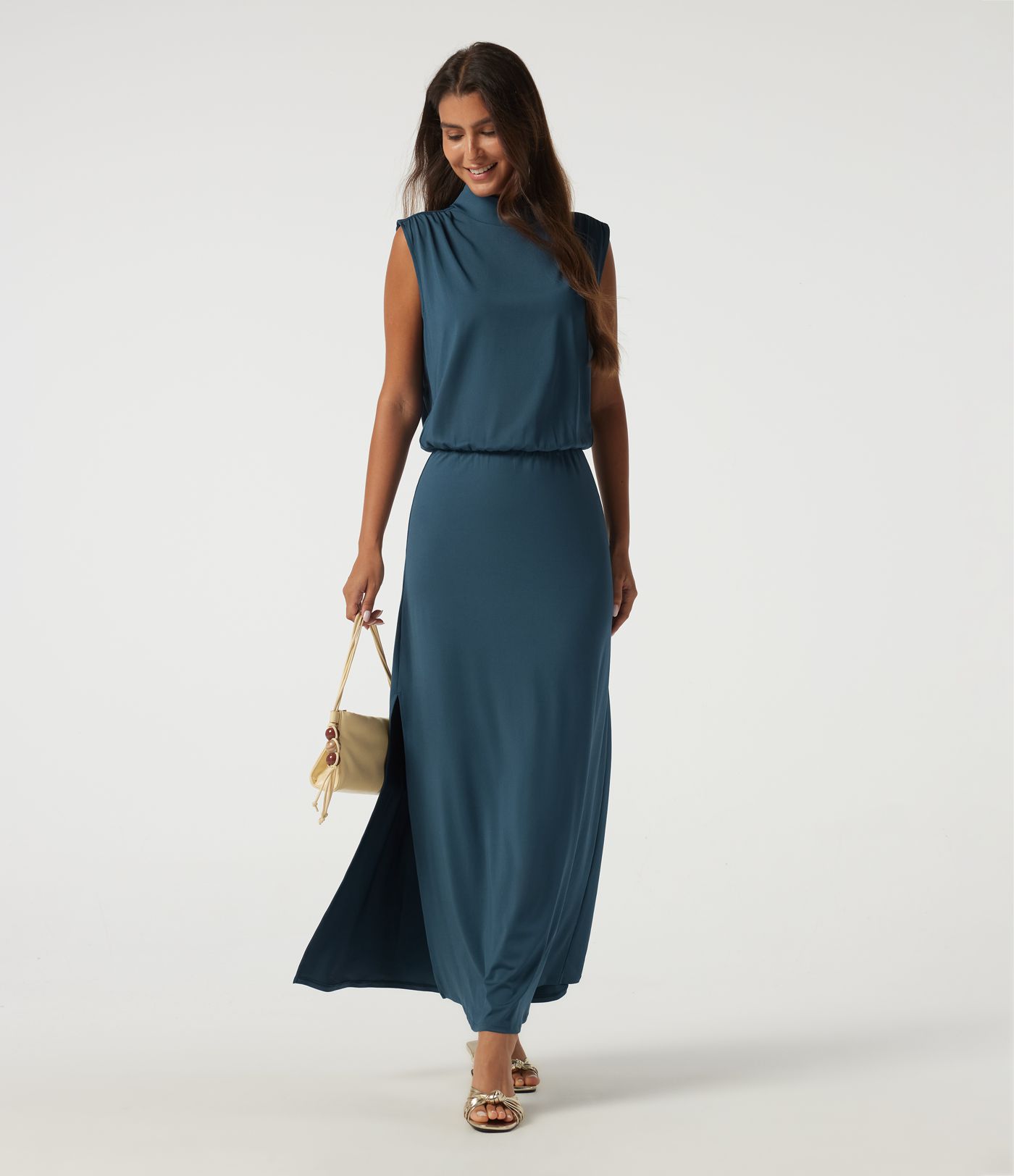 Mock Neck Sleeveless Ruched Casual Maxi Dress Mock Neck Sleeveless Ruched Casual Maxi Dress
