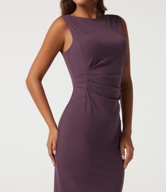Vestido de trabajo midi tipo lápiz, sin mangas, con escote barco y fruncido Vestido de trabajo midi tipo lápiz, sin mangas, con escote barco y fruncido