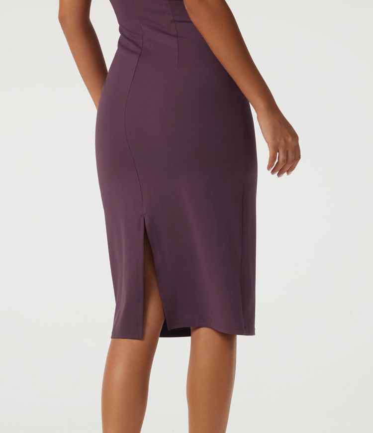 Vestido de trabajo midi tipo lápiz, sin mangas, con escote barco y fruncido Vestido de trabajo midi tipo lápiz, sin mangas, con escote barco y fruncido