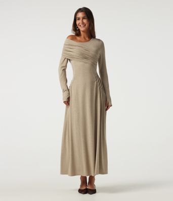 One Shoulder Ruched Stacked A-Line Casual Maxi Dress with Thumb Holes