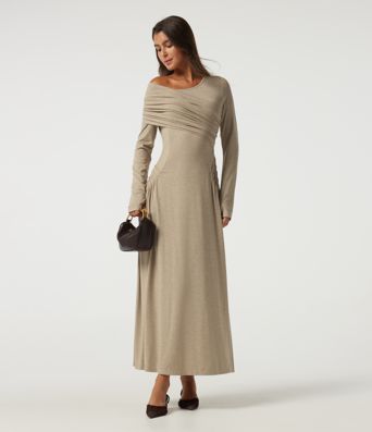 One Shoulder Ruched Stacked A-Line Casual Maxi Dress with Thumb Holes
