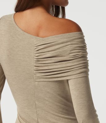 One Shoulder Ruched Stacked A-Line Casual Maxi Dress with Thumb Holes