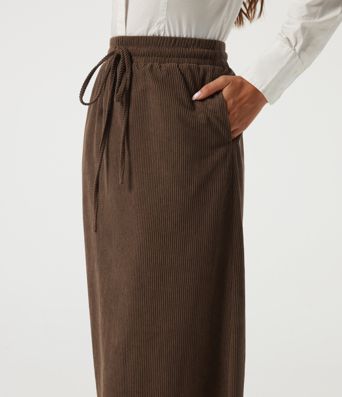 High Waisted Drawstring A-Line Corduroy Casual Midi Skirt with Pockets