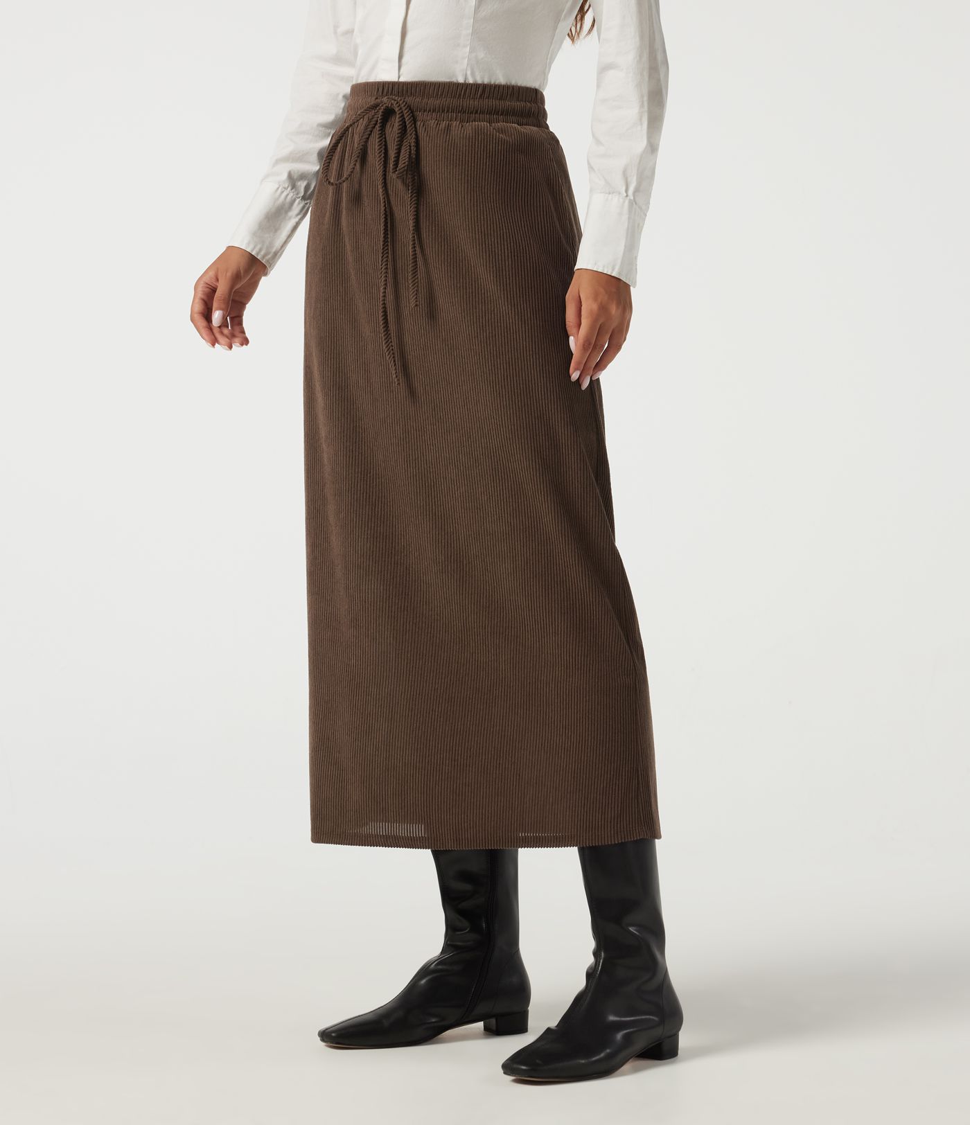 High Waisted Drawstring A-Line Corduroy Casual Midi Skirt with Pockets