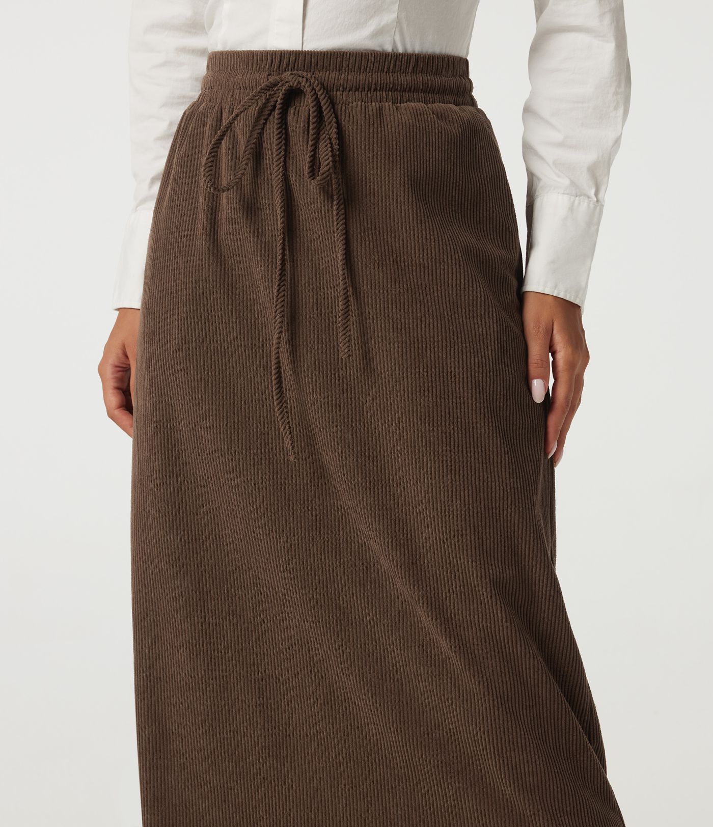 High Waisted Drawstring A-Line Corduroy Casual Midi Skirt with Pockets