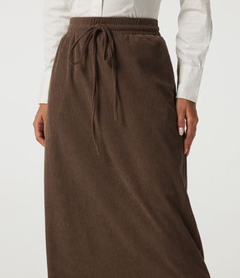 High Waisted Drawstring A-Line Corduroy Casual Midi Skirt with Pockets