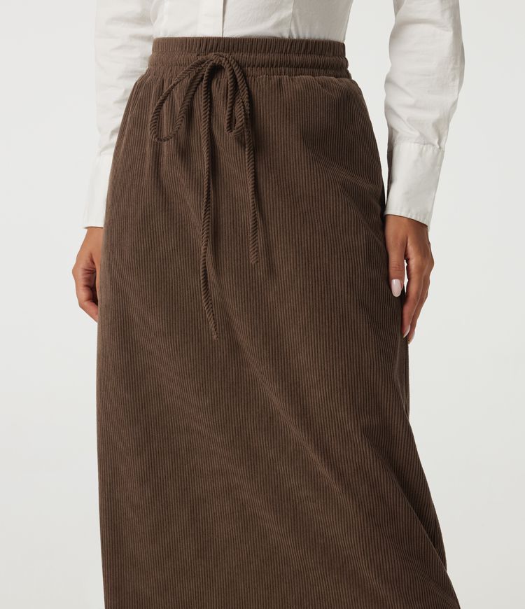 High Waisted Drawstring A-Line Corduroy Casual Midi Skirt with Pockets