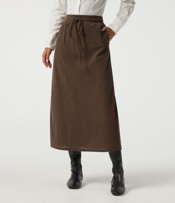 High Waisted Drawstring A-Line Corduroy Casual Midi Skirt with Pockets