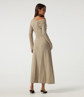 One Shoulder Ruched Stacked A-Line Casual Maxi Dress with Thumb Holes