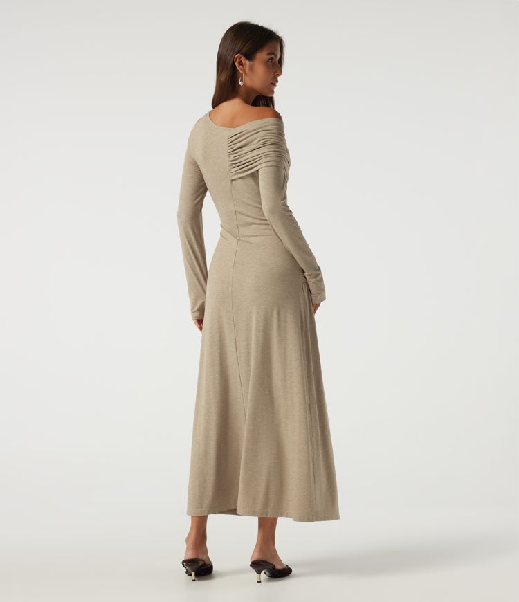 One Shoulder Ruched Stacked A-Line Casual Maxi Dress with Thumb Holes
