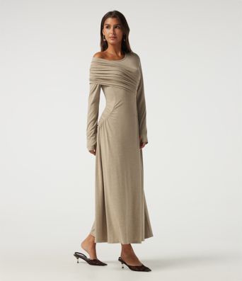 One Shoulder Ruched Stacked A-Line Casual Maxi Dress with Thumb Holes