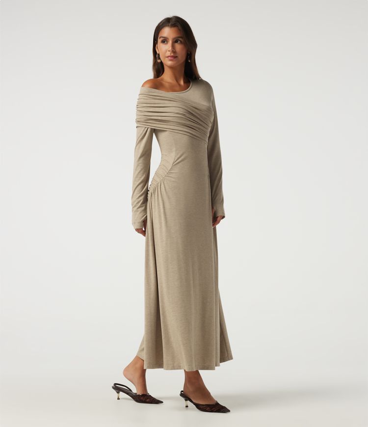 One Shoulder Ruched Stacked A-Line Casual Maxi Dress with Thumb Holes