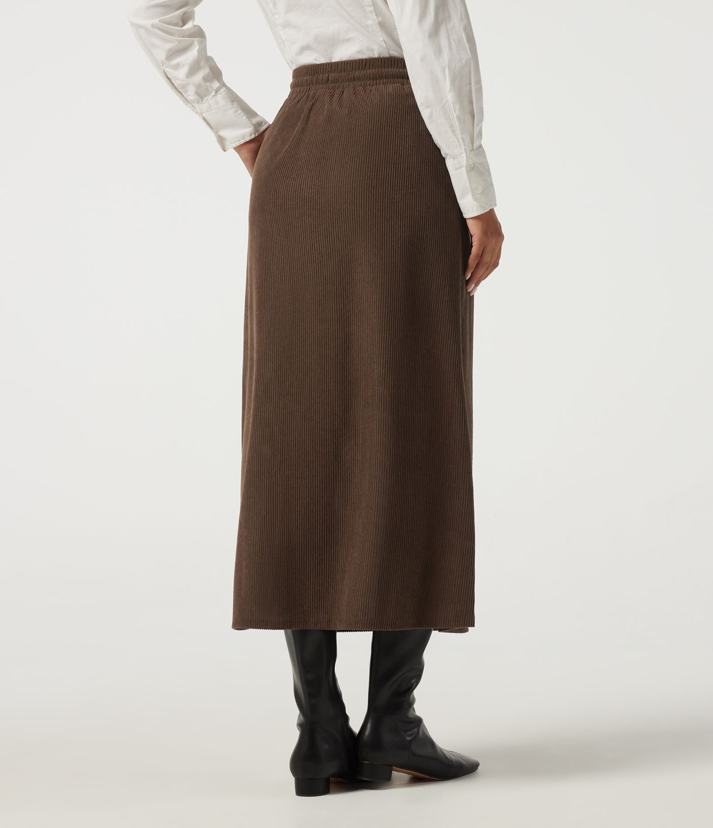 High Waisted Drawstring A-Line Corduroy Casual Midi Skirt with Pockets