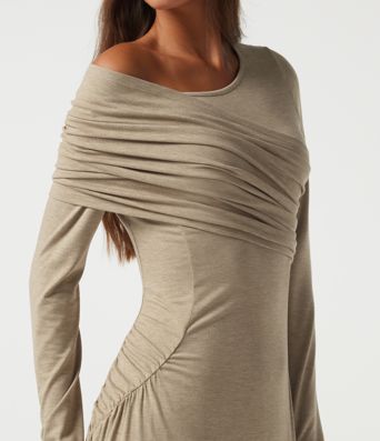 One Shoulder Ruched Stacked A-Line Casual Maxi Dress with Thumb Holes